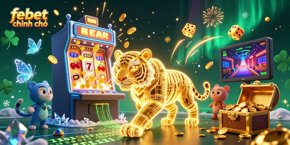 Experience thrilling moments at febet chính chủ with our dynamic casino scene featuring vibrant games and a golden tiger.