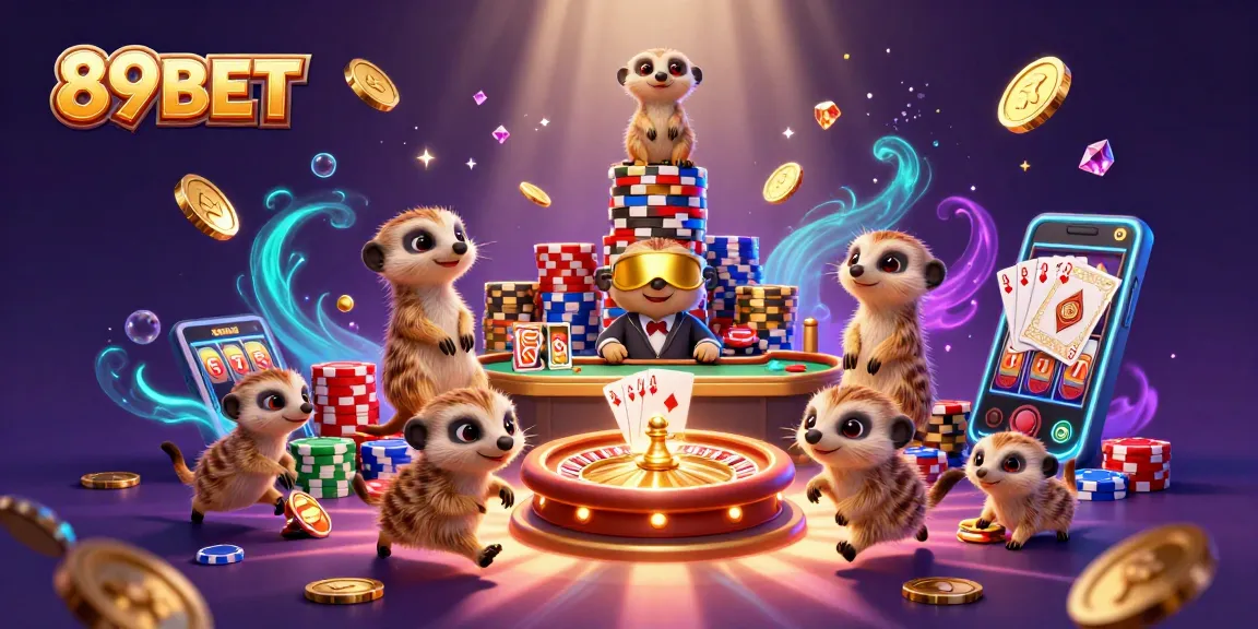 89BET meerkats managing casino operations amidst sparkling chips and gold coins.