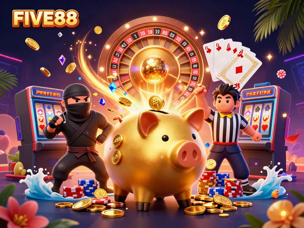 FIVE88 showcases lively 3D casino scene with animated characters and vibrant betting elements.