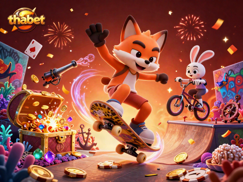 Experience exhilarating gaming with thabet as a fox skater flips over golden poker chips.