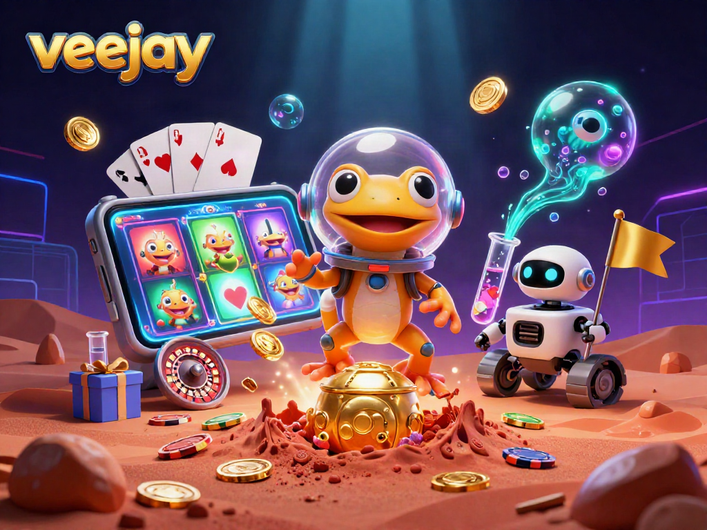 Veejay erkundet ein verstecktes Casino auf dem Mars mit leuchtenden Spielautomaten und Glücksspiel-Elementen.