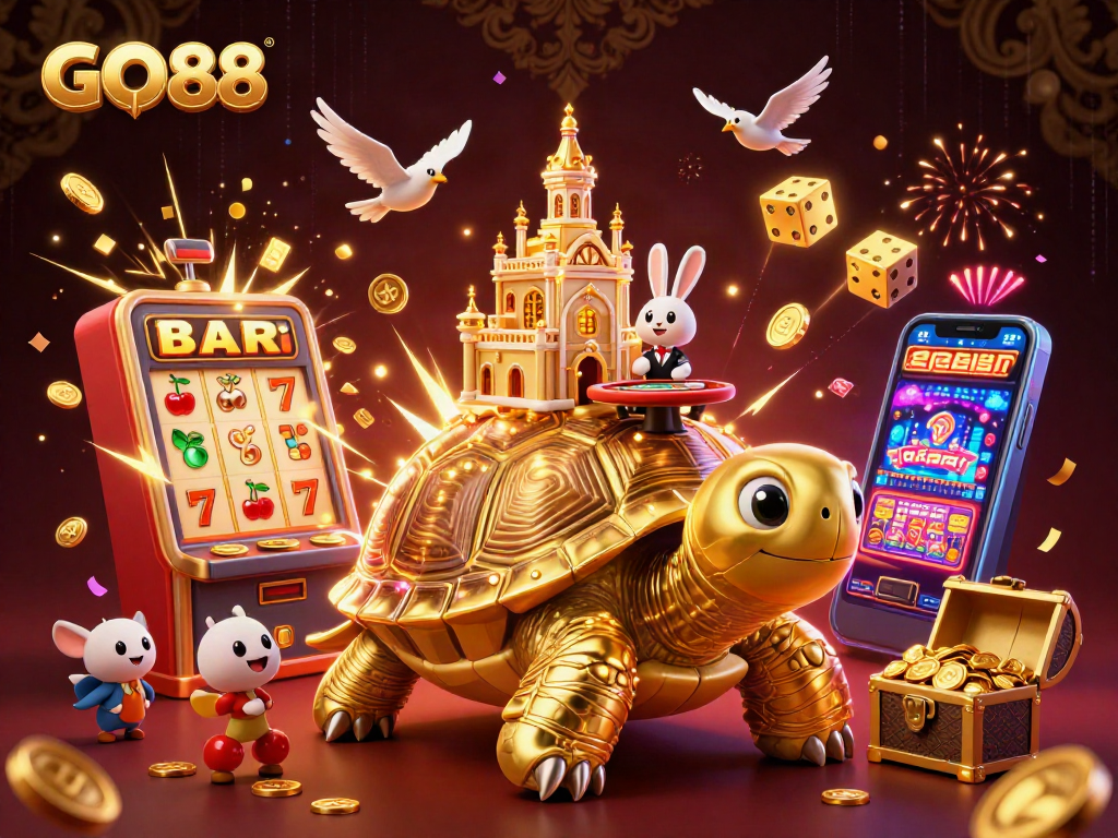 Engage with GO88's exciting casino world featuring vibrant games, golden coins, and rabbit dealer.