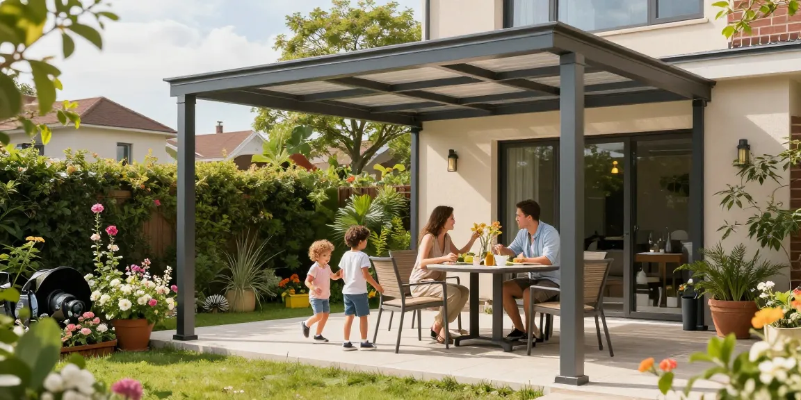 Moderne Terrassenüberdachung in einem Garten mit Familie und Blumen.