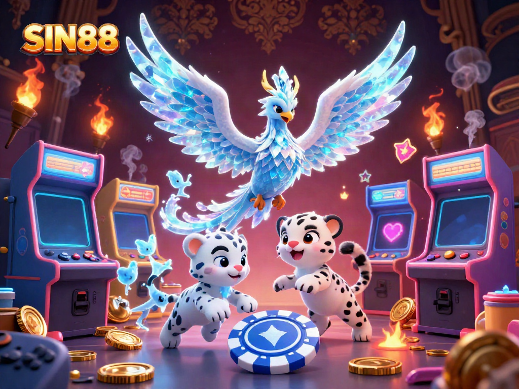 SIN88 casino illustration with a vibrant scene of an ice phoenix, a snow leopard cub, and glowing sprites amidst arcade elements.