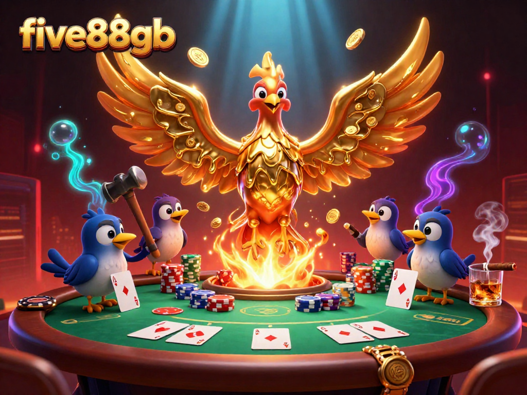 Engage with five88gb in this vibrant 3D illustration of a golden phoenix emerging with casino elements, celebrating winning moments.