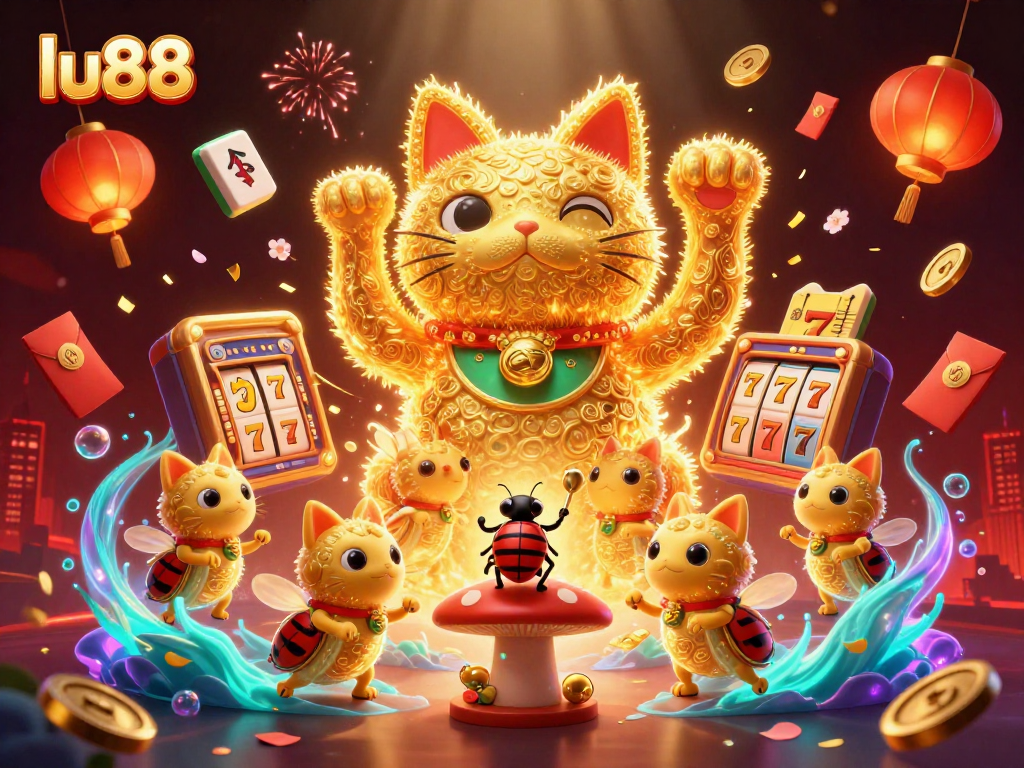 Experience winning excitement at lu88 with a vibrant 3D lucky cat and dynamic casino symbols.