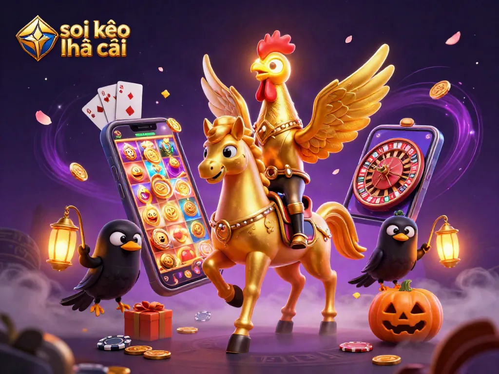 Soi kèo nhà cái in a vibrant casino scene, showcasing a golden rooster and gaming elements.