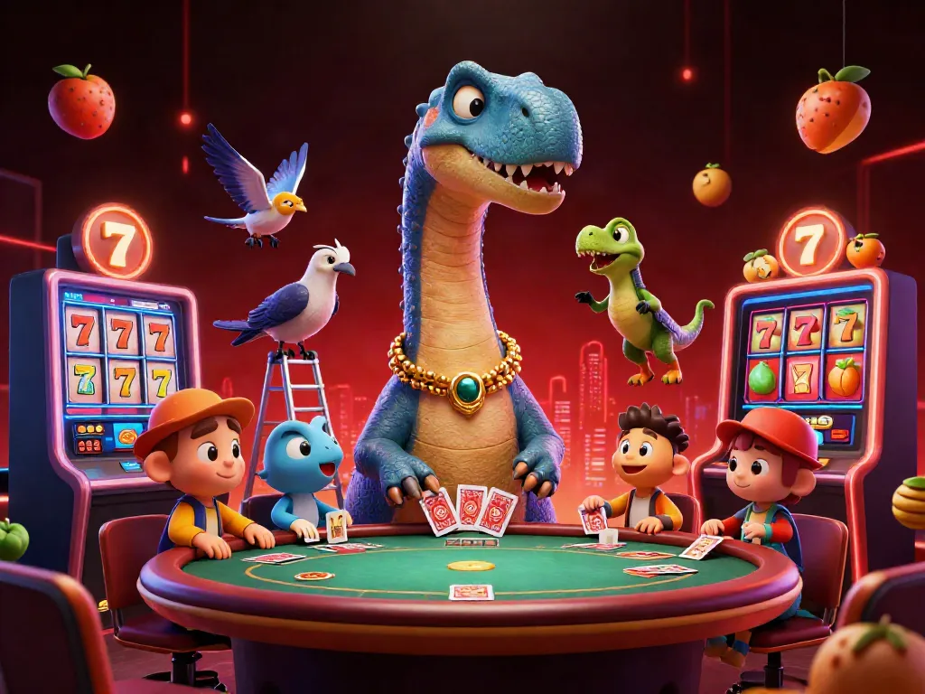 Spin the reels in vibrant slot action with a dinosaur dealer in a whimsical casino.