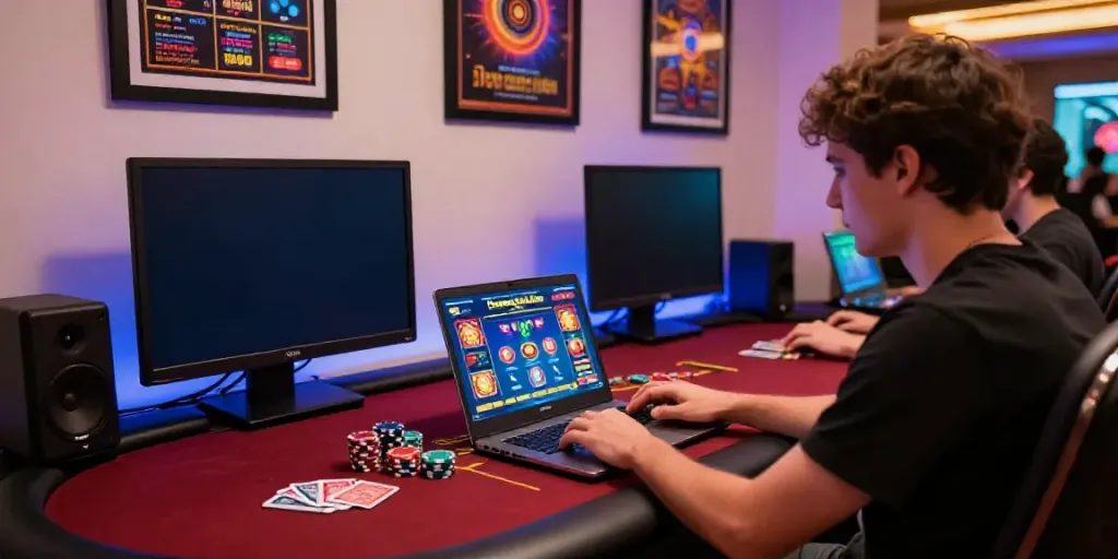 Exciting online gaming scene featuring Dewacash Asia, player engaged with laptop at modern desk, vibrant atmosphere.