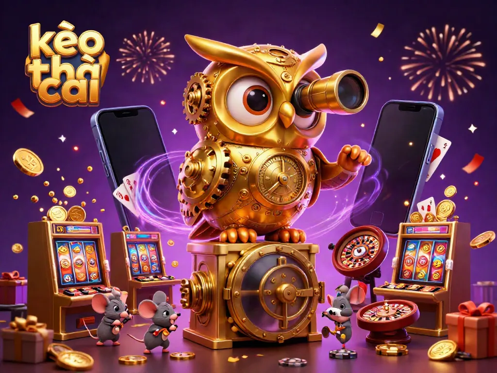 Engage with kèo nhà cái through a vibrant illustration of golden owl and animated casino elements.