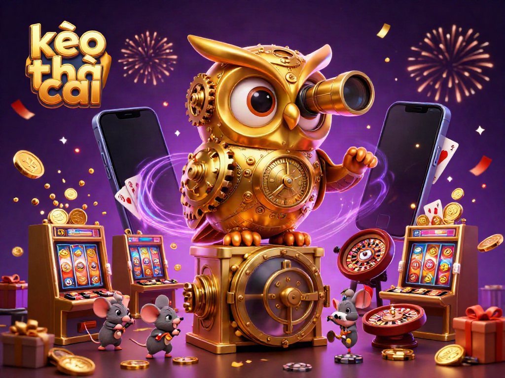 Engage with kèo nhà cái through a vibrant illustration of golden owl and animated casino elements.