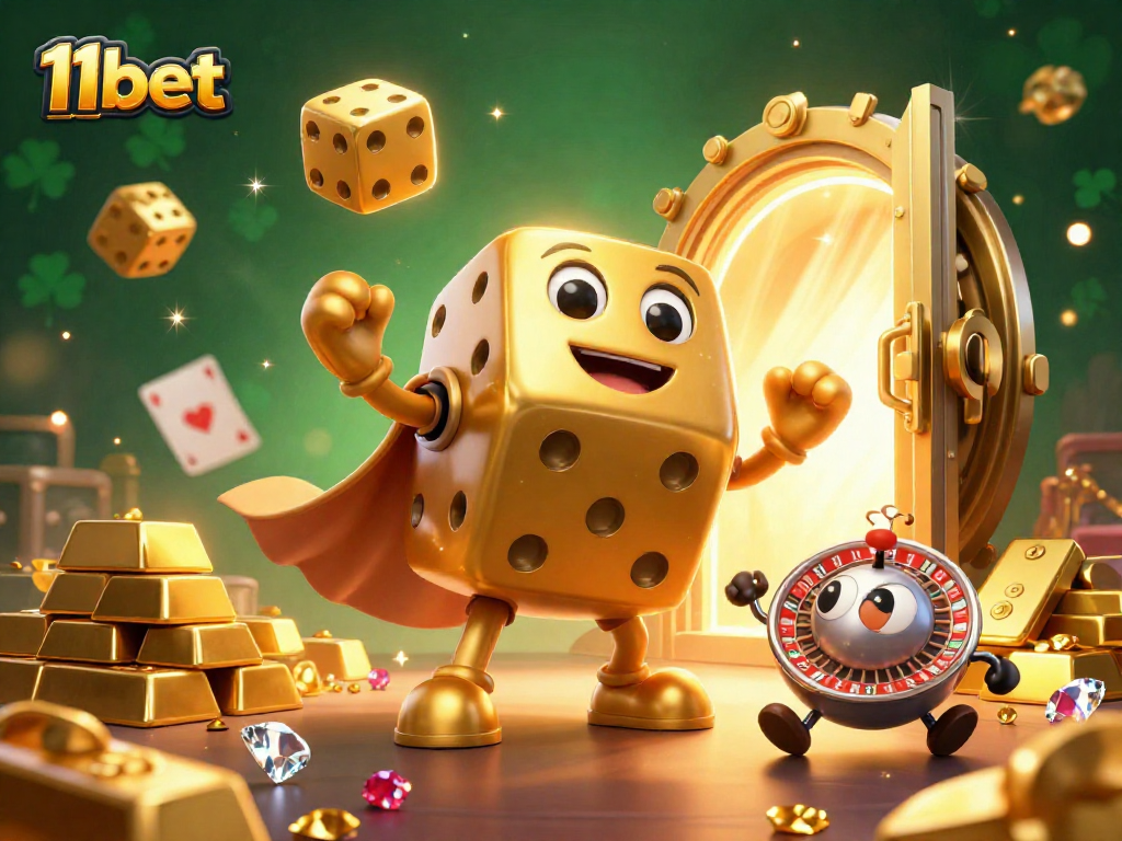 Elevate your gameplay with 11bet's dynamic 3D gambling illustration showcasing golden dice and treasures.