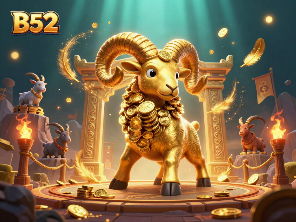 Experience thrilling action with B52's dynamic 3D scene featuring a golden ram charging at a casino gate.