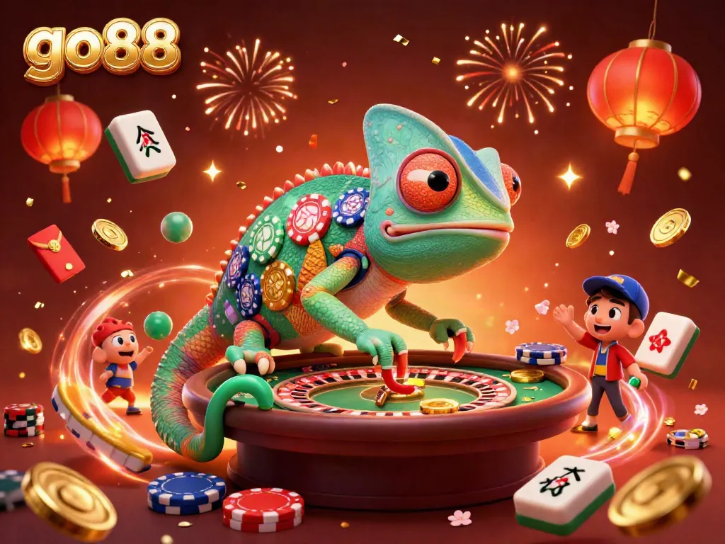 Experience thrilling gameplay at go88 as a colorful chameleon casino owner attracts fortunes amidst festive gaming elements.