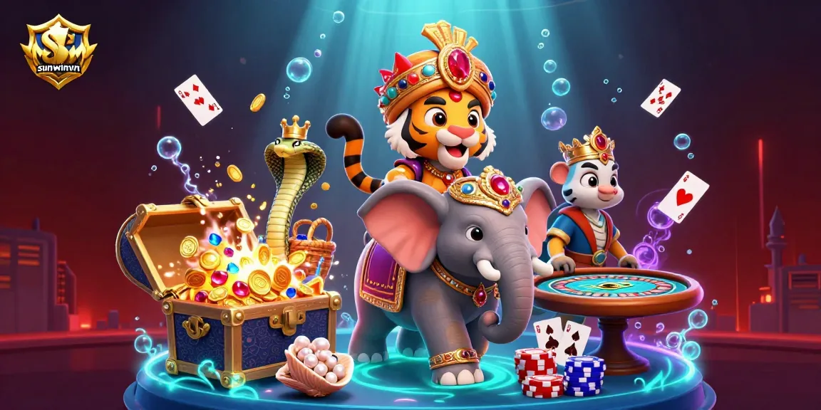 Experience the thrill of sunwinvn with a dynamic scene featuring a tiger maharaja, elephant, and vibrant casino elements.