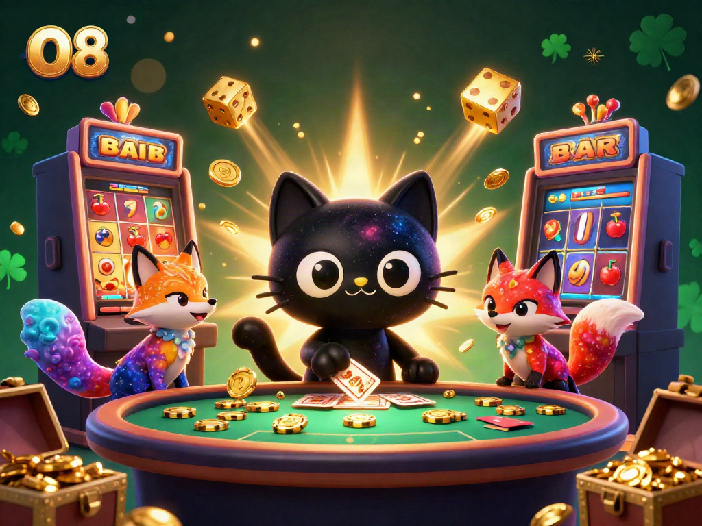 Experience the excitement of winning at O8 with a cosmic casino scene featuring golden chips and games.
