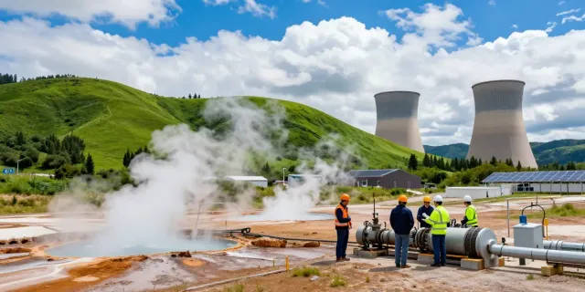 Geothermie Anlagen mit Ingenieuren in Sicherheitskleidung und geothermaler Aktivität im Hintergrund