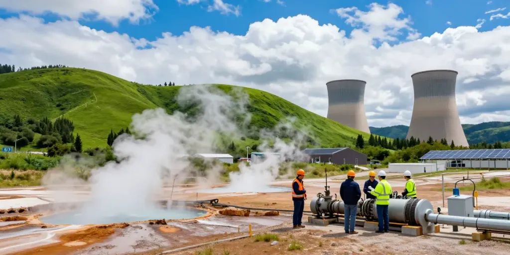Geothermie Anlagen mit Ingenieuren in Sicherheitskleidung und geothermaler Aktivität im Hintergrund