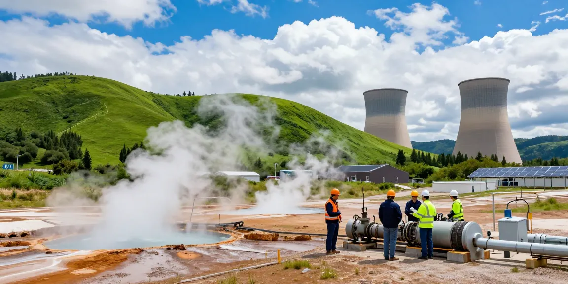 Geothermie Anlagen mit Ingenieuren in Sicherheitskleidung und geothermaler Aktivität im Hintergrund