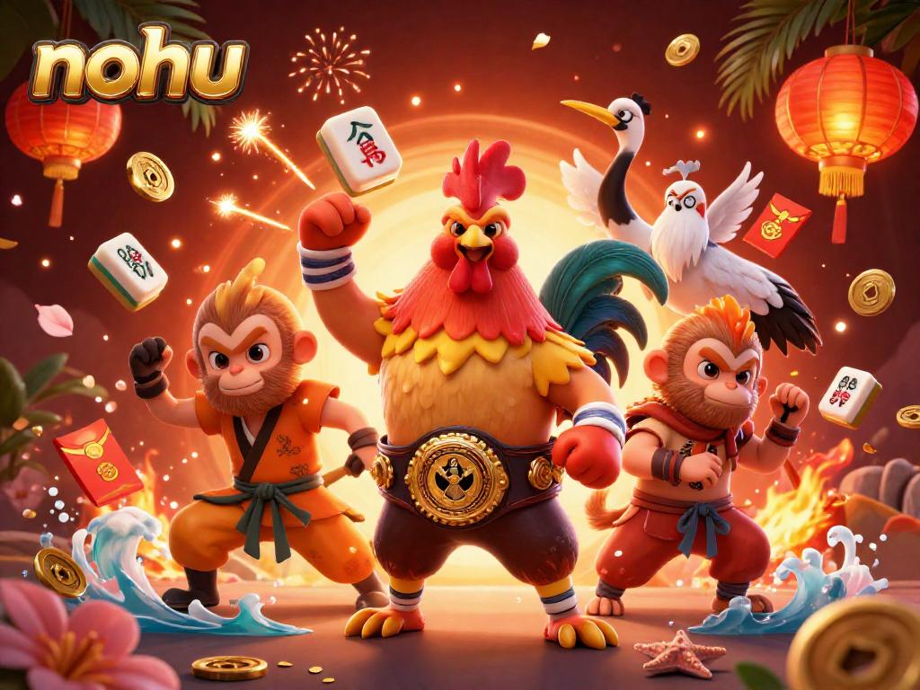 Nohu themed illustration depicting a Muay Thai rooster and Shaolin monkey martial artist amidst various gambling elements.