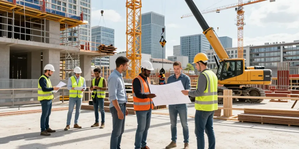 Professionelles Team bei Baufirma Wien diskutiert Baupläne auf einer Baustelle