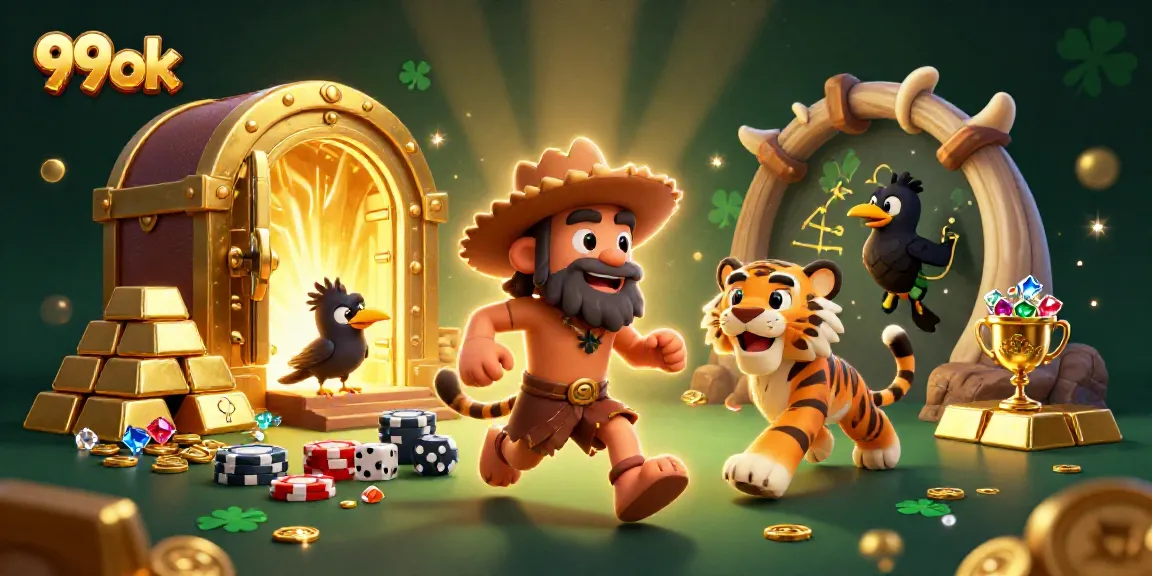 Experience the thrill of 99ok with a vibrant prehistoric casino scene featuring colorful characters.