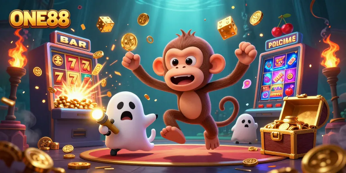 ONE88 showcases a playful ghost-hunter puppy tracking a monkey juggling golden casino tokens in a vibrant scene.