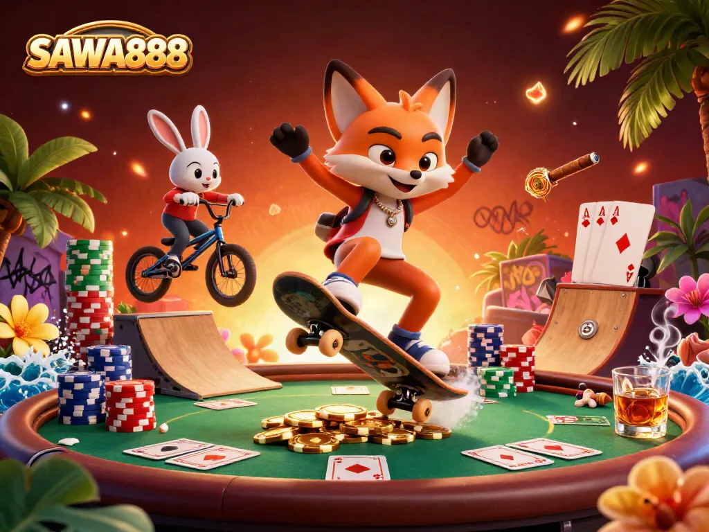 SAWA888 vibrant illustration featuring a skateboarder fox performing tricks over poker chips, perfect for casino gaming.