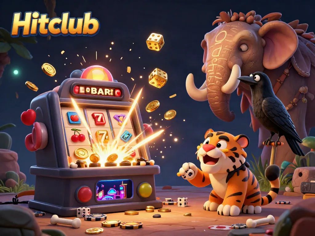 Experience the thrilling atmosphere of Hitclub in this vibrant prehistoric casino illustration filled with excitement and game elements.