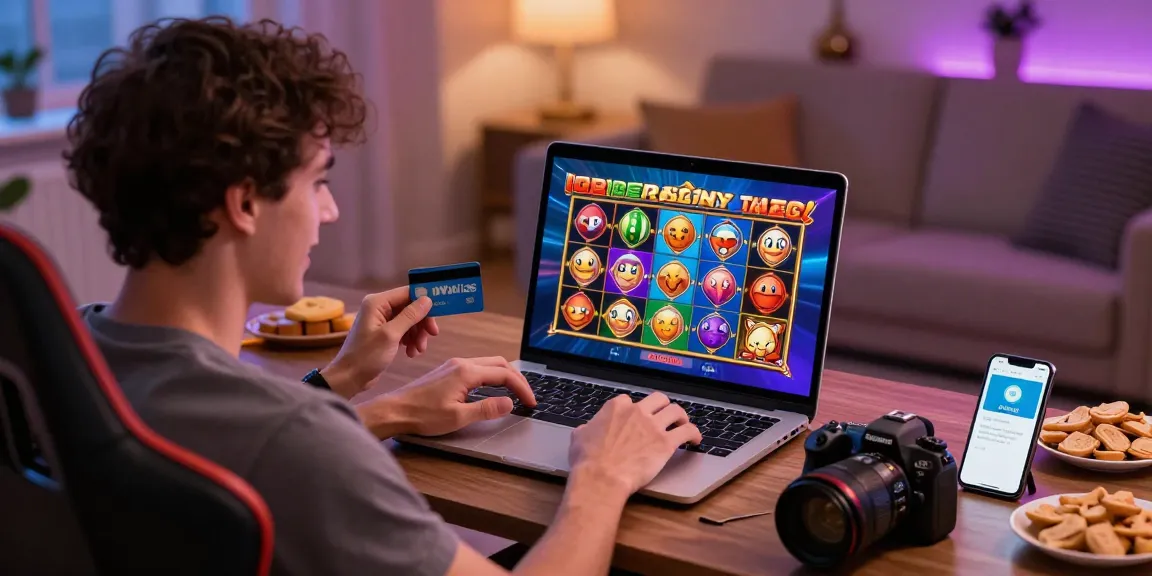 Engagierter Spieler in einem Paysafe Card Casino, der Laptop mit bunten Spielen auf dem Bildschirm nutzt
