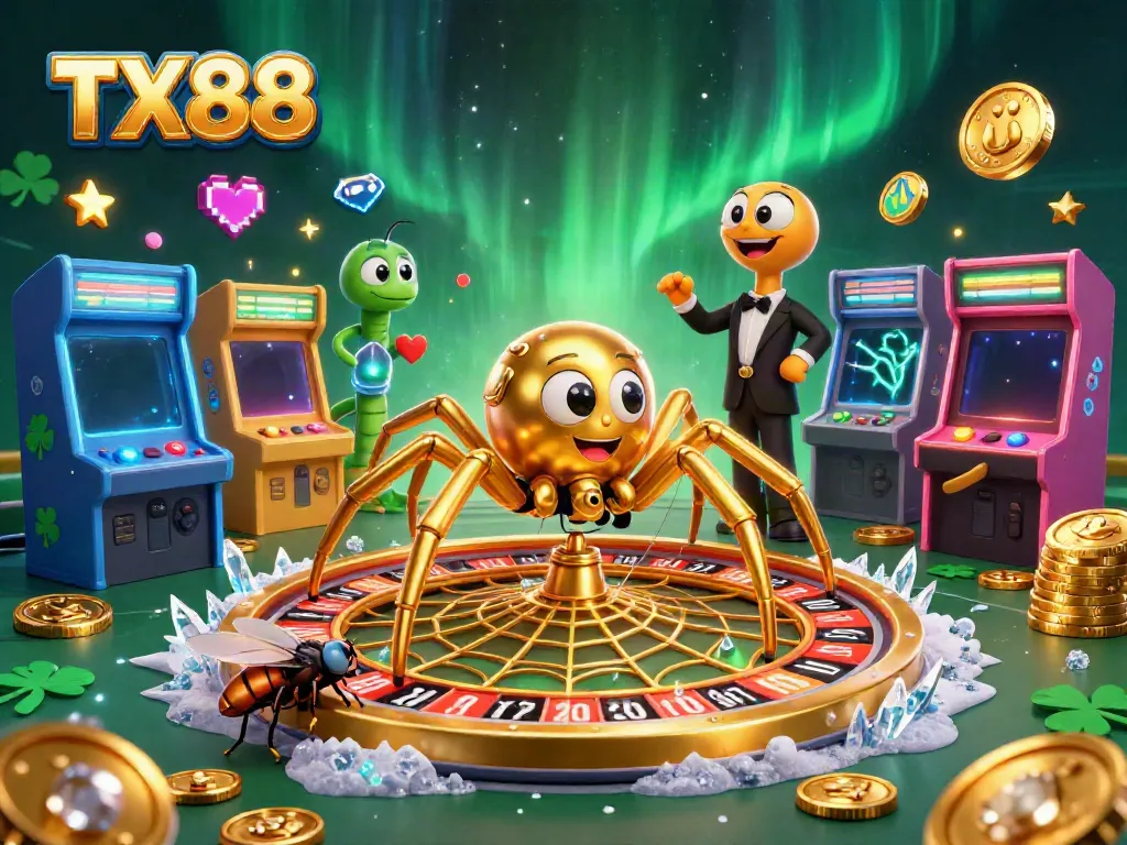 Engage in thrilling action with TX88 as the golden spider spins a roulette web, inviting bets in a vibrant casino scene.