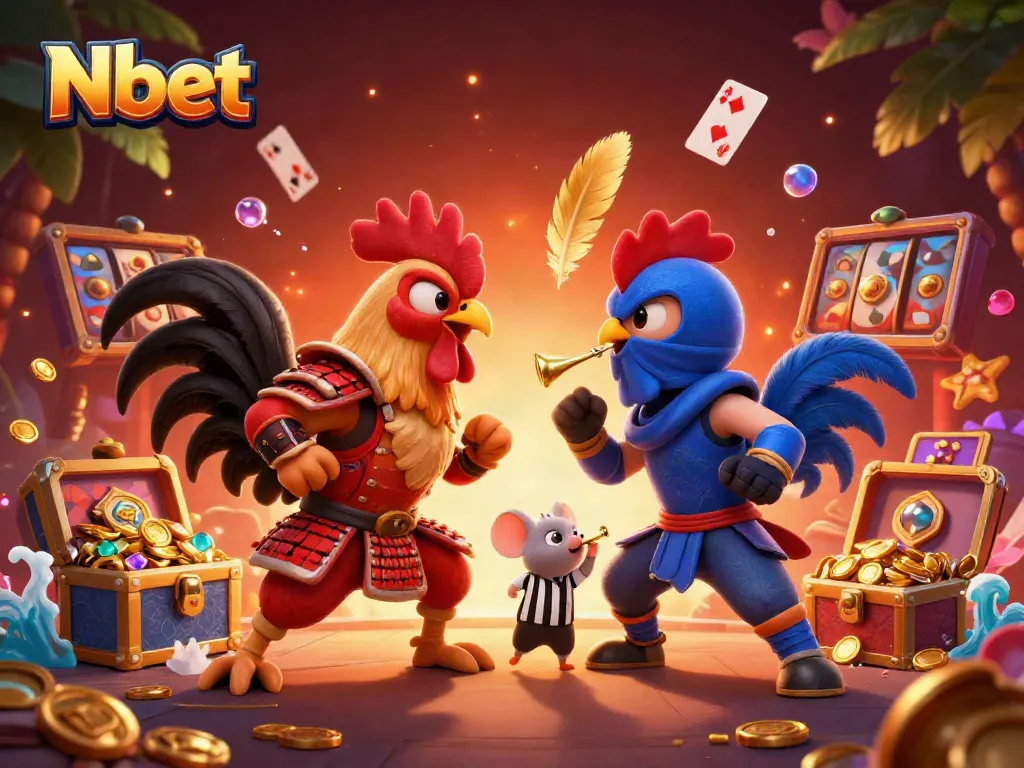 Nbet roosters in a casino showdown surrounded by gold coins and slot reels.