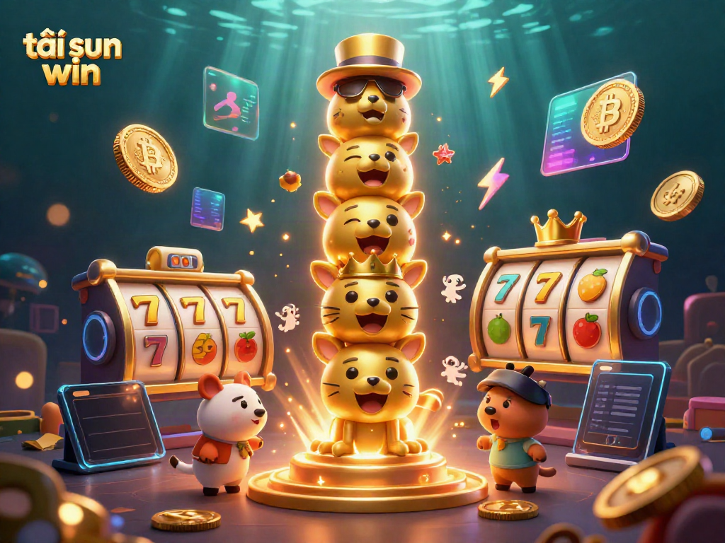 Spin the reels and tải sun win while enjoying a vibrant, colorful casino experience with stacked animal totem and crypto elements.