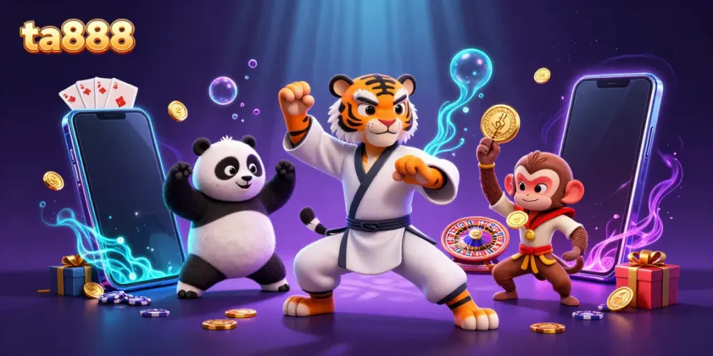 Experience thrilling action at ta888 with a kung fu tiger, panda, and monkey amid vibrant casino elements.