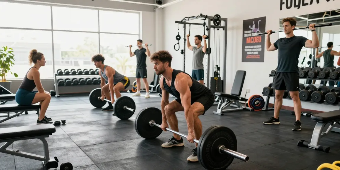 Das Fitnessstudio von Selliza Shop zeigt Athleten beim Gewichtheben mit hochwertigen Fitnessgeräten.