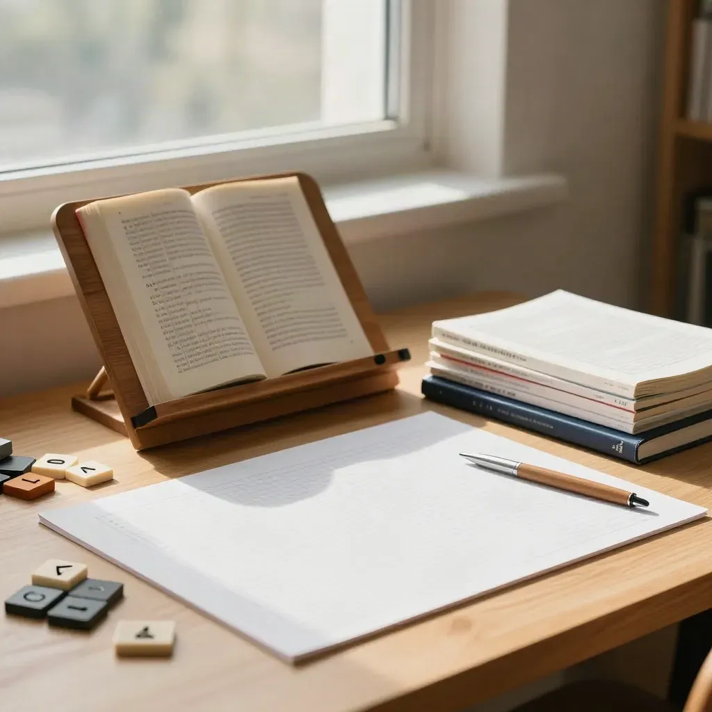 Einzelnachhilfe-Materialien am Fenster: Algebra-Kacheln, Leseständer, Block und Bücherstapel.
