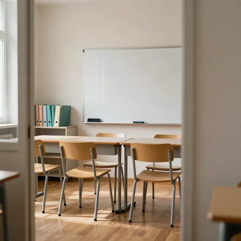 Leerer Gruppenunterrichtsraum mit vier Stühlen, Whiteboard und tealfarbenen Mappen