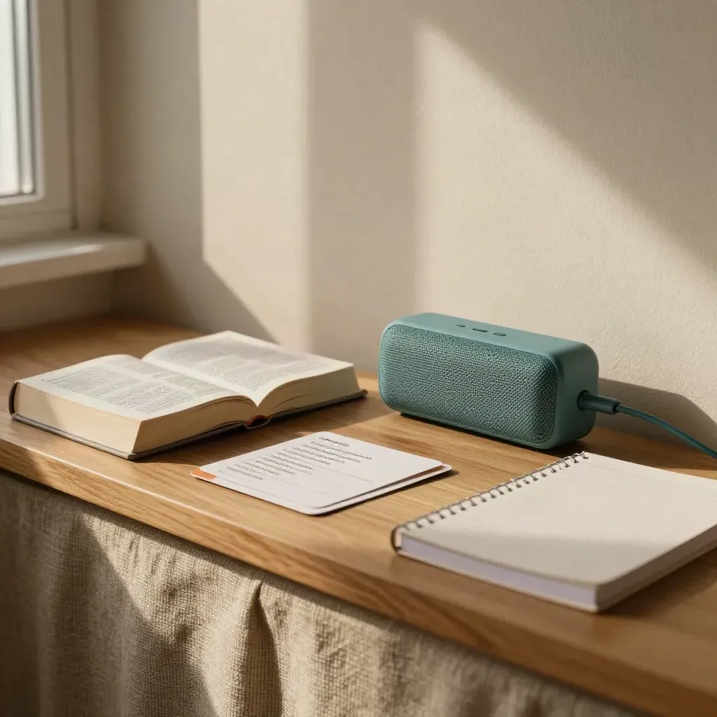 Deutschlern-Ecke mit Wörterbuch, Sprechkarten und Speaker im warmen Fensterlicht.