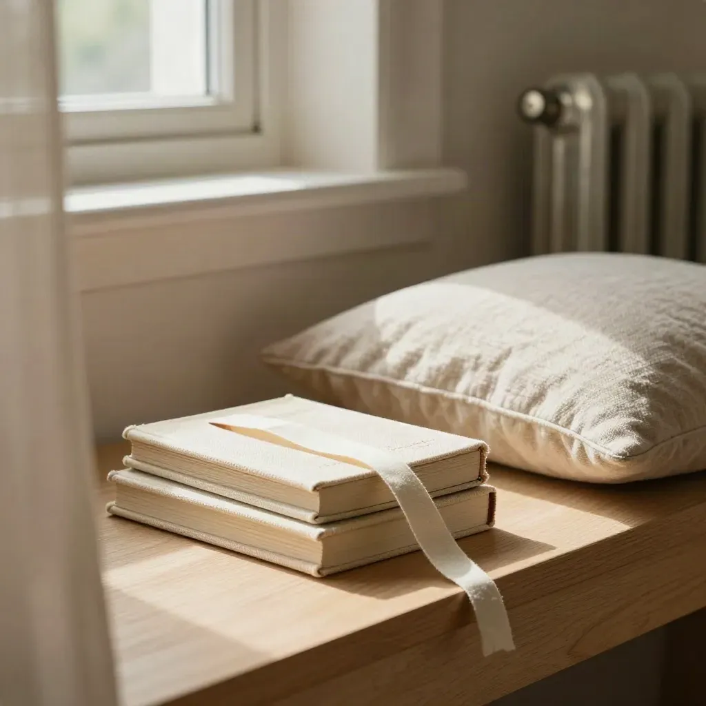 Leseecke mit geschlossenen Anfängerbüchern, Stoffleseband und weichem Kissen im Tageslicht.