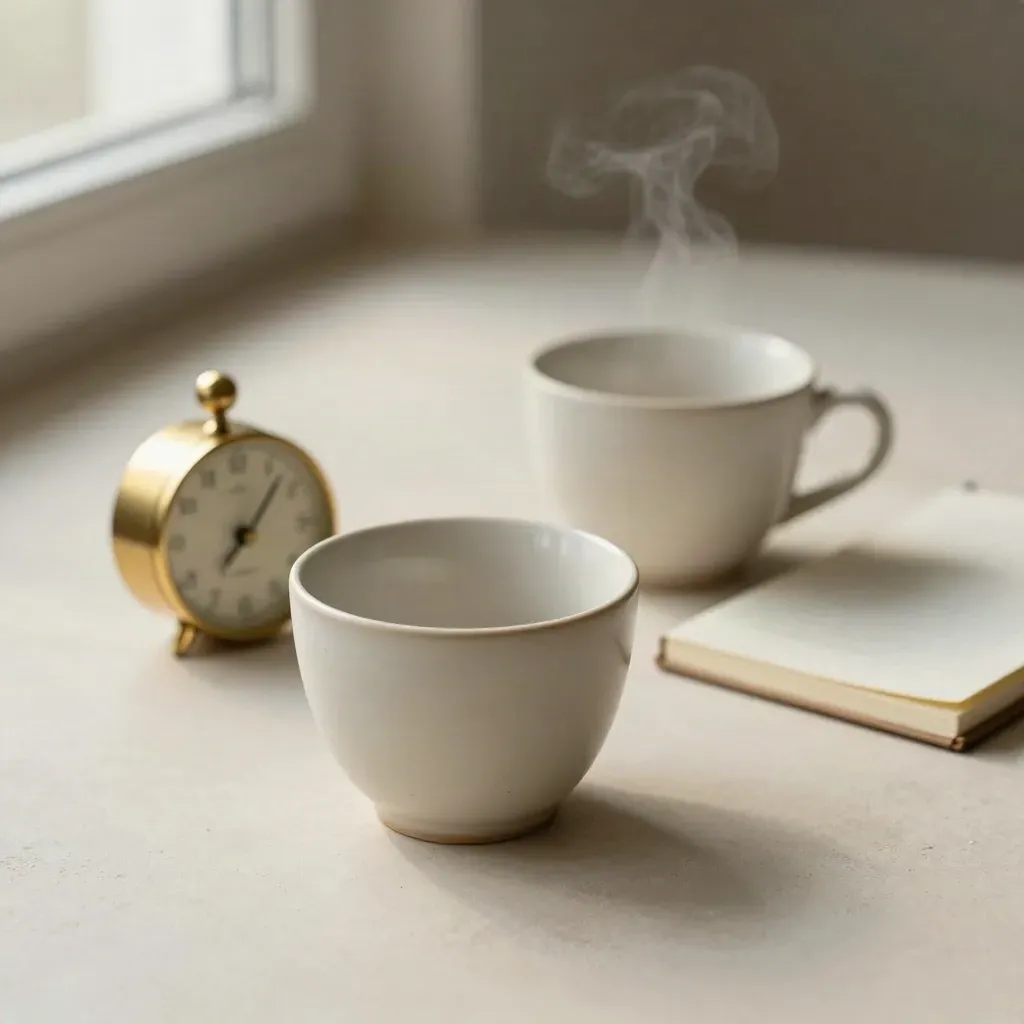 Weiße Tassen, goldener Timer und gefalteter Notizbucheinband auf hellem Putz, ruhig und edel.