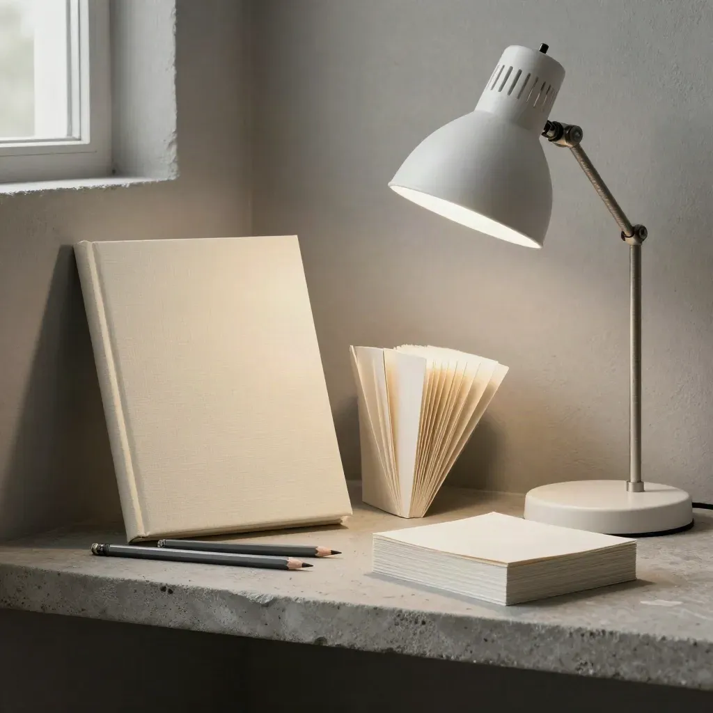 Lernmaterialien auf Steinsims mit Lampe, Heft und Registerkarten im hellen Editorial-Look