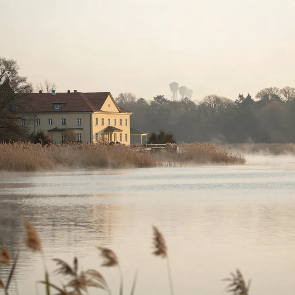 Morgennebel am Berliner Seeufer mit Villendächern, Wassertürmen und ruhiger Wasserfläche.