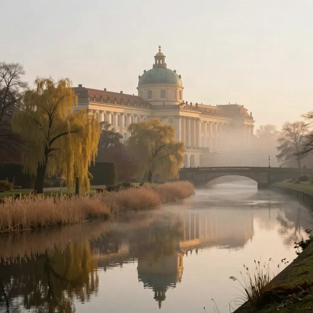 Potsdamer Schlossdächer und Baumreihen spiegeln sich in stillem Wasser im Goldlicht.