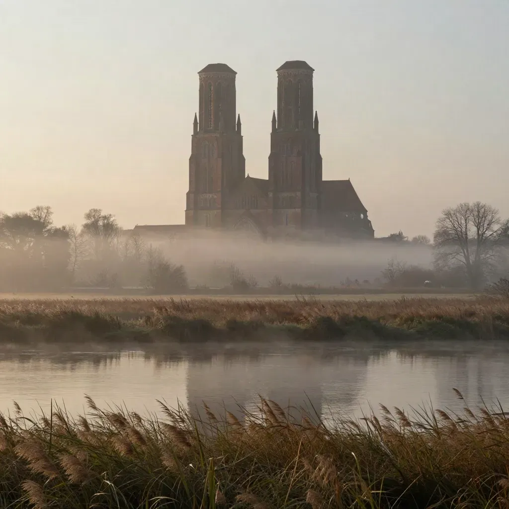 Brandenburger Domtürme über Flusswiesen und Schilf im Morgennebel