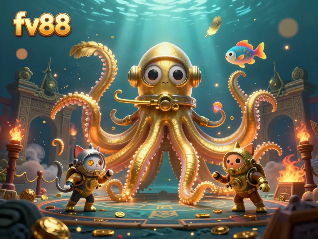 Experience the thrill of fv88 with a vibrant underwater casino scene, featuring a legendary kraken and diving cat.