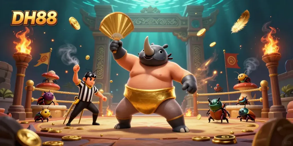 Win big with DH88 in this vibrant 3D casino scene featuring exciting beetle champions and golden coins.