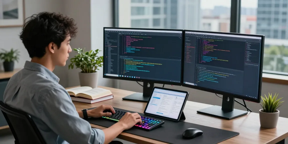 Developer using advanced AI code generator in a bright tech workspace.