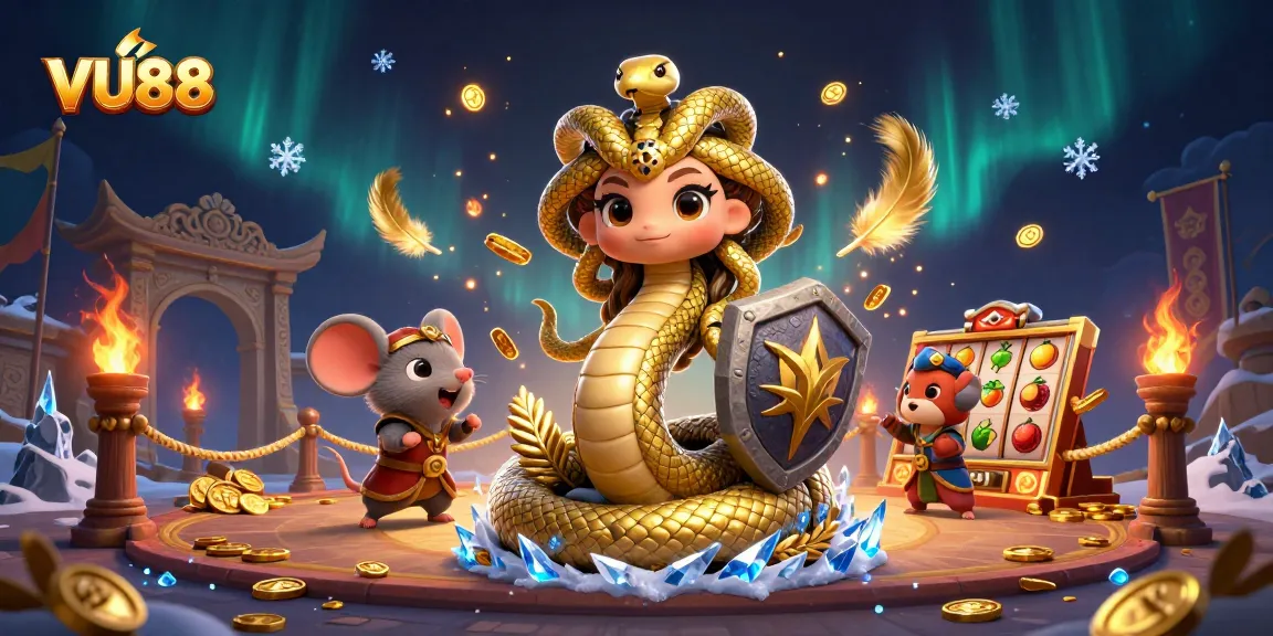 Experience the engaging casino world of VU88 with a lively illustration of Medusa and a warrior mouse surrounded by dynamic gaming elements.