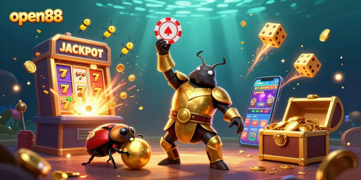 Experience the excitement of open88 with a 3D illustration featuring a hercules beetle and casino elements.