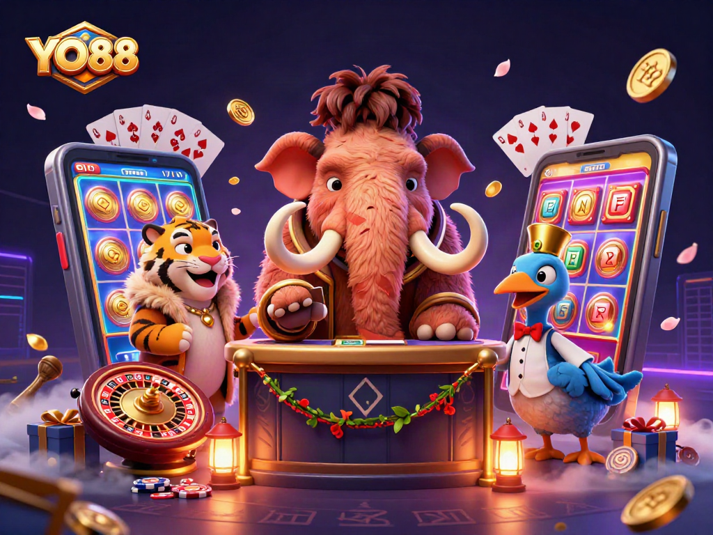 Experience thrilling gaming at YO88 with a vibrant casino scene featuring lively characters and dynamic game elements.